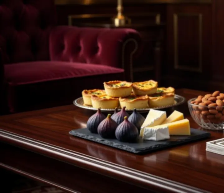 Eleganckie przekąski finger food i kieliszki z winem na stoliku w przyciemnionym lounge.