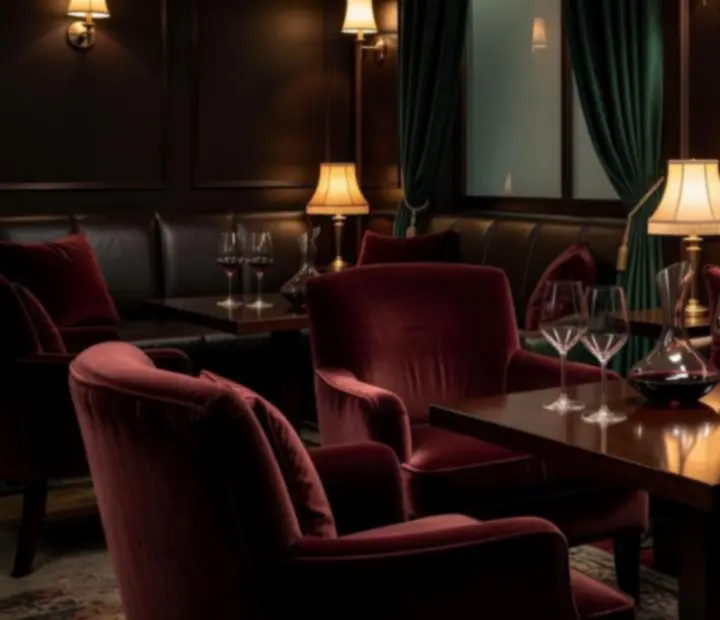 Prywatna degustacja win w przyciemnionym lounge Strefa Veloria, z kieliszkami i butelkami na eleganckim stole.