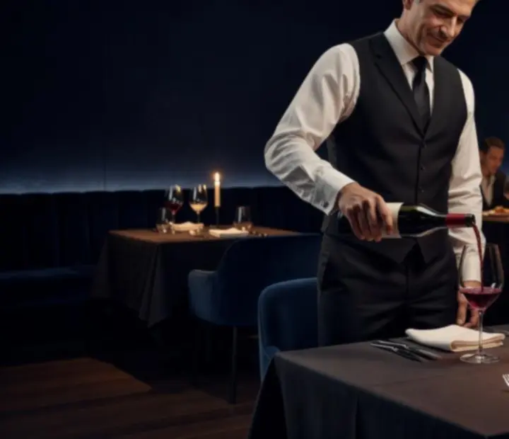 Sommelier w Strefa Veloria nalewający czerwone wino przy nastrojowo oświetlonym stoliku.